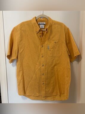 Columbia Short Sleeve Shirt Ramie Cotton Top Pocket Golf Yellow Mens Size L